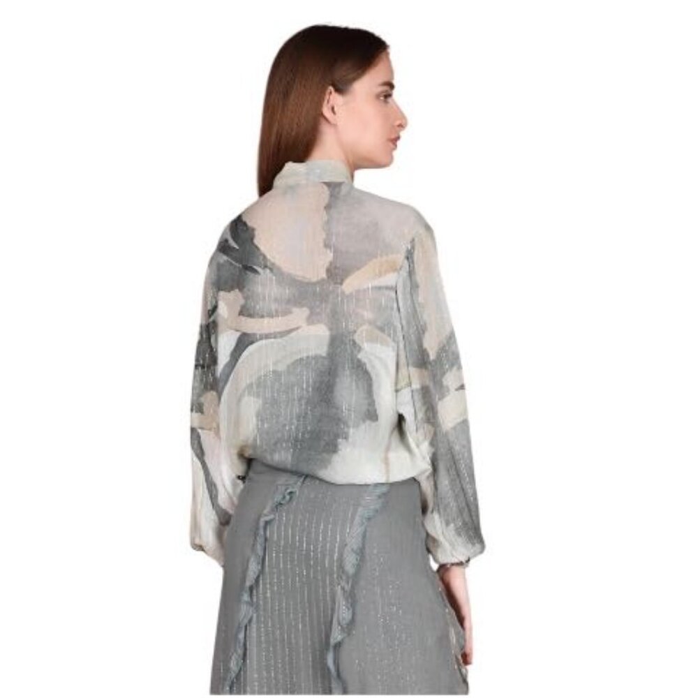 Anthropologie Bl^nk Grey Marble Print Neck Tie Semi Sheer Moira Shirt NWT - Picture 2 of 13